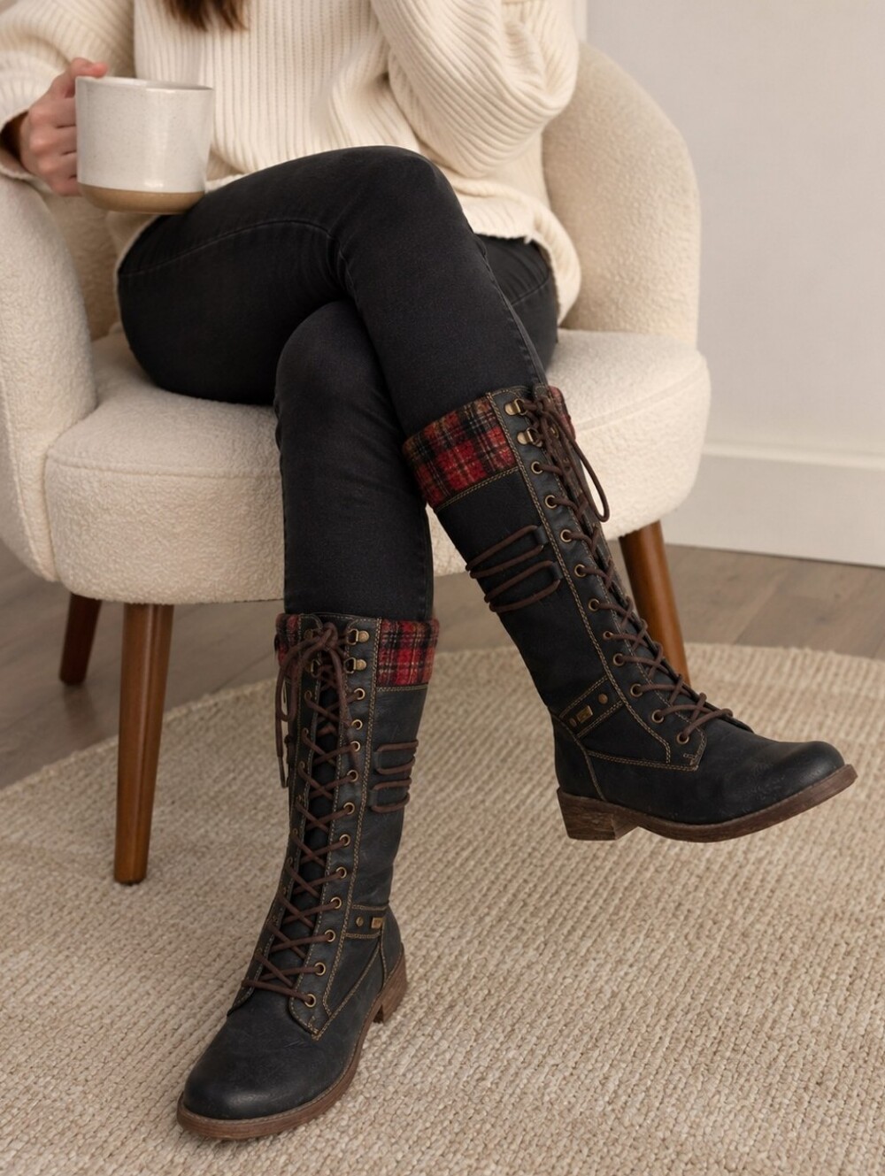 Lace-Up Leather Mid-Calf Boots with Plaid Cuff | Size 7 | Side Zipper